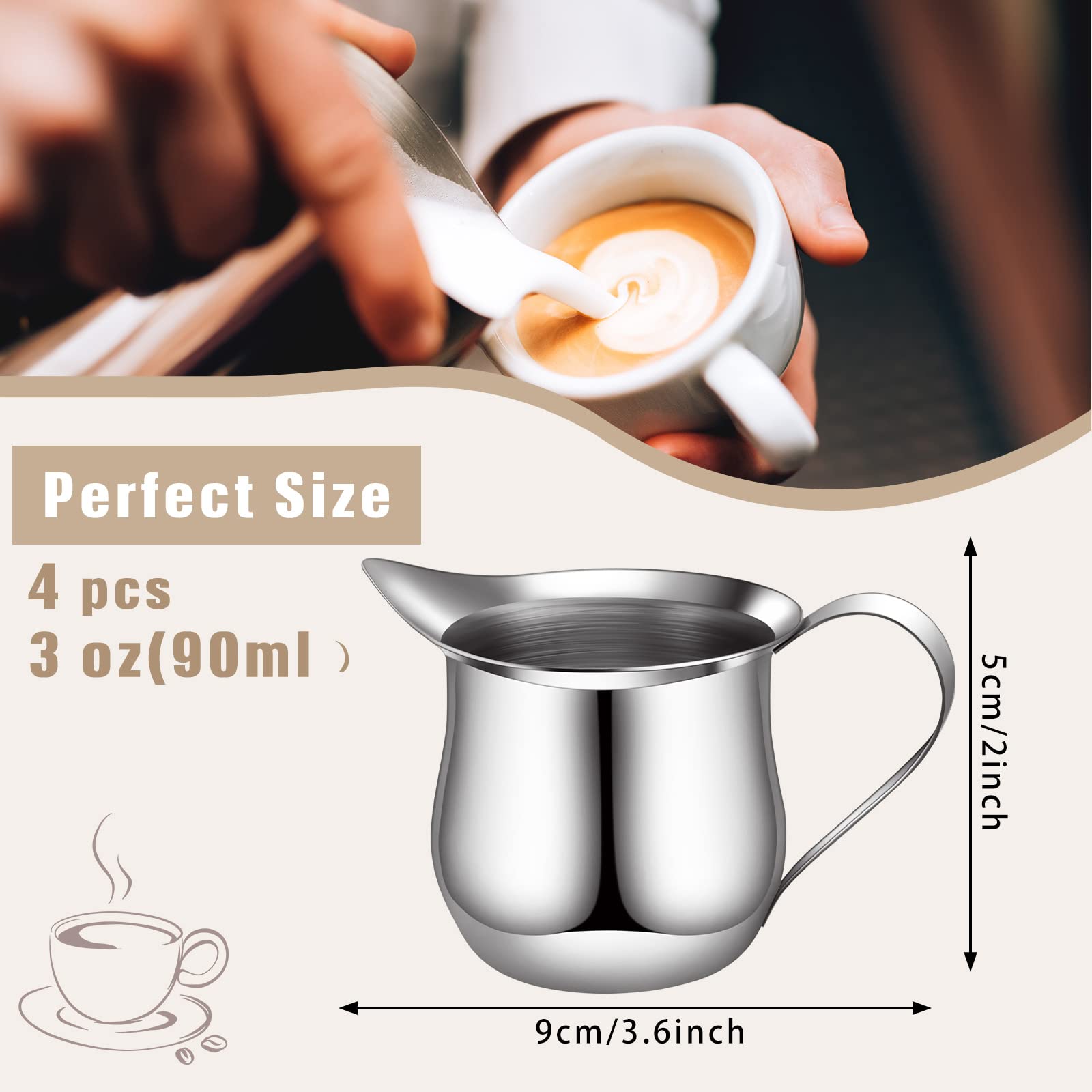 4 Pieces Creamer Pitcher Bell Shaped Creamer 3 Ounce Espresso Pouring Cup Stainless Steel Creamer Pitcher Mirror Finish Mini Sta